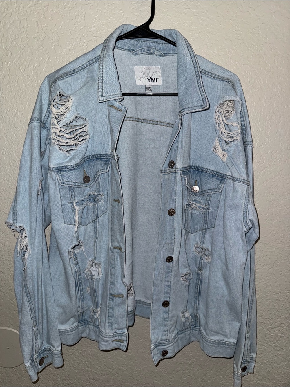 YMI Light Wash Distressed Denim Jacket - Pale Blue